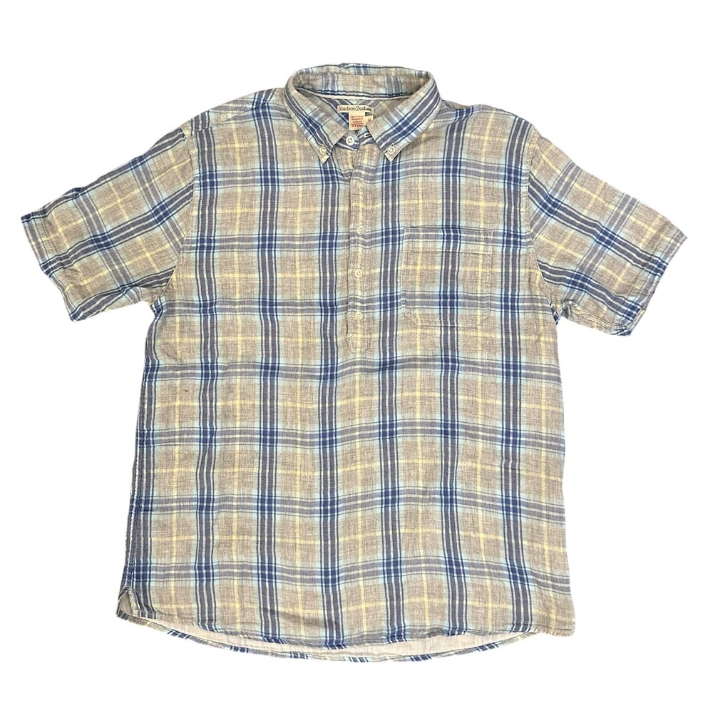 Carbon 2 Cobalt Pullover Shirt Mens Size‎ M Blue Grey Plaid Short Sleeve Henley
